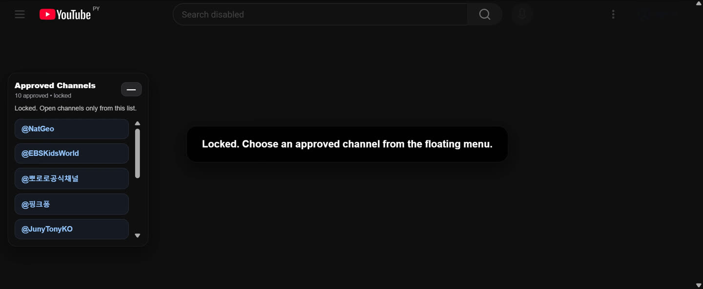 Guardian Lock locked on YouTube home; the approved channels menu floats on the left and prompts the child to choose from it.